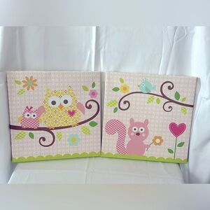 Dena Happi Tree Cute Owl and Squirrel Canvas Art Wall Set of 2
